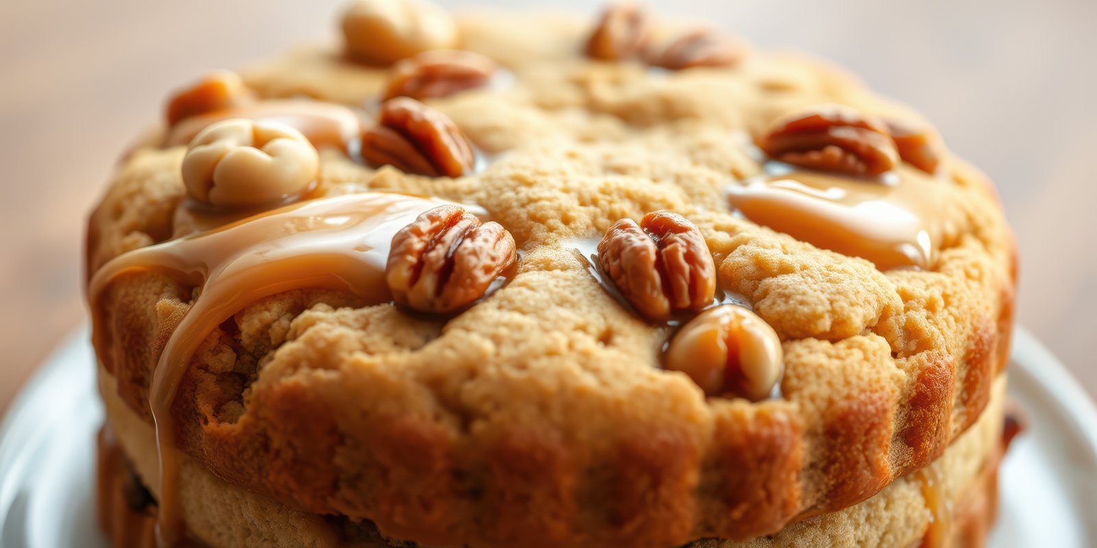 Delicious layered cookie with nuts and caramel drizzle served on a white plate